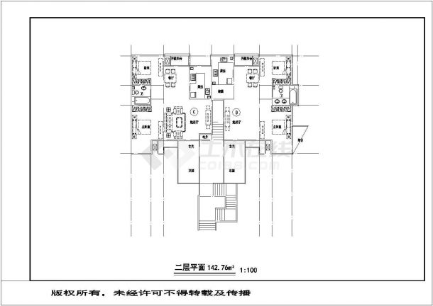 广州市某小区450平米3层住宅楼平面设计CAD图纸（1梯2户）-图二