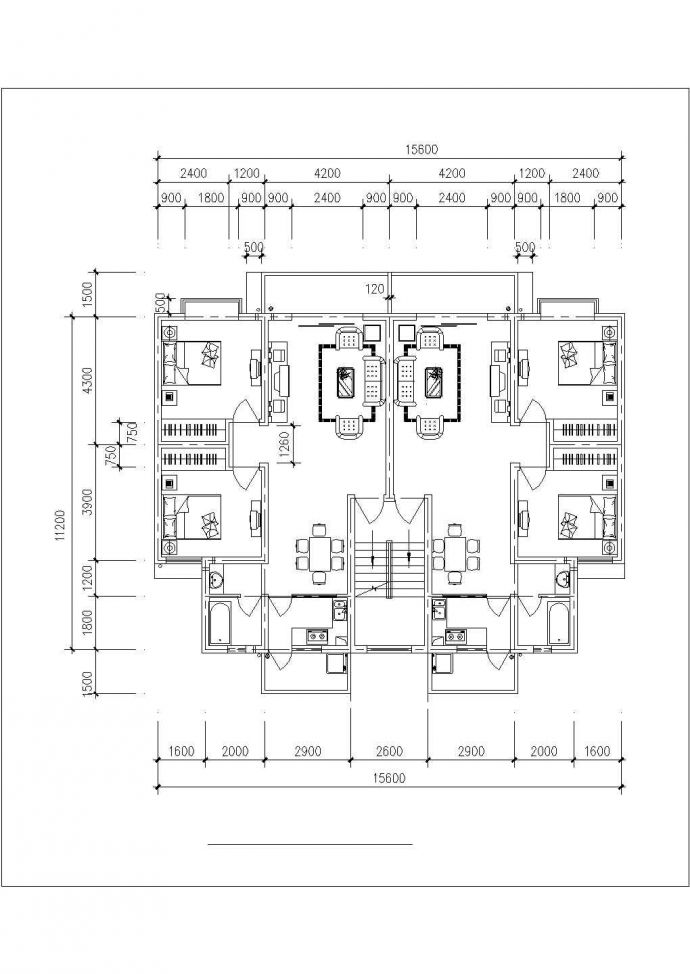 南昌市某新建小区4张住宅楼标准层平面设计CAD图纸（1层2户型）_图1