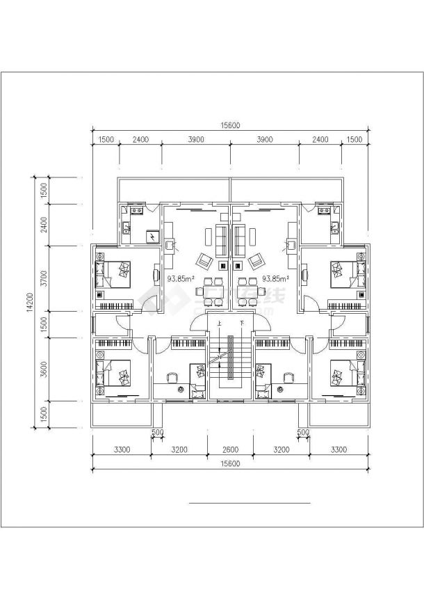 南昌市某新建小区4张住宅楼标准层平面设计CAD图纸（1层2户型）-图二