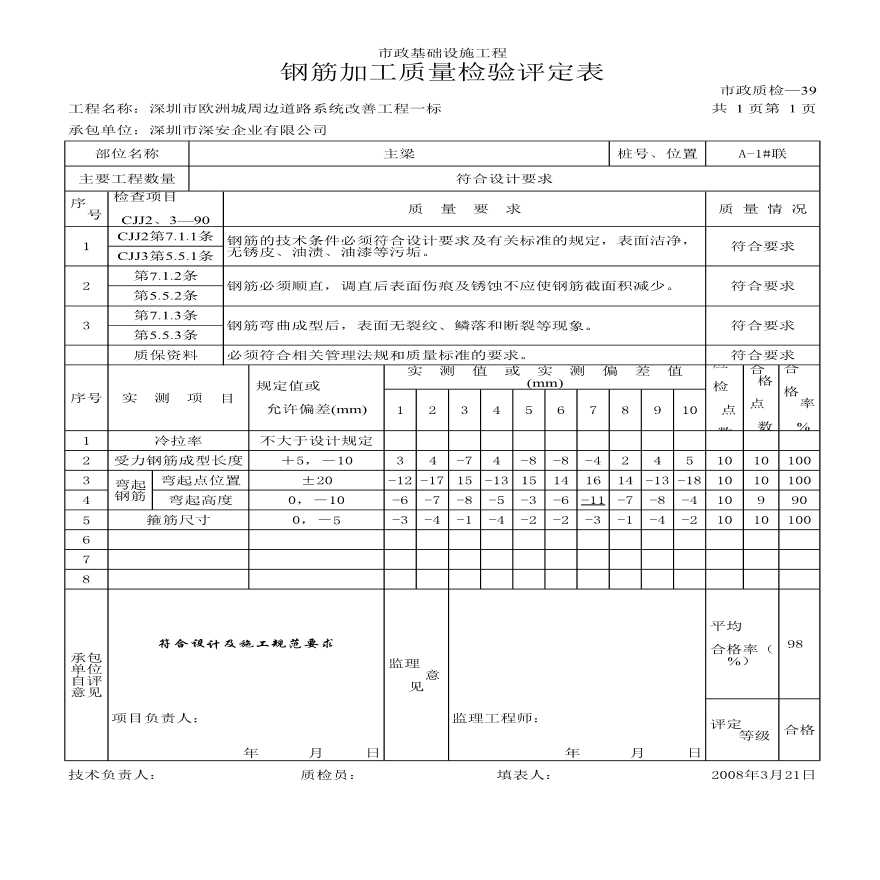 主梁钢筋加工质量检验评定表-图一