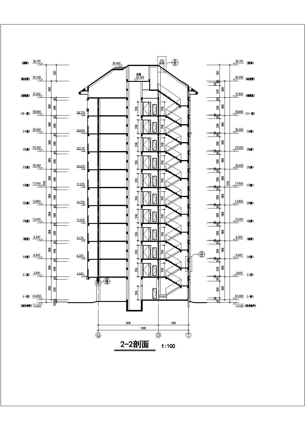 13层框架结构商住楼平立剖面设计CAD图纸（1-4层商用/含阁楼和机房层）
