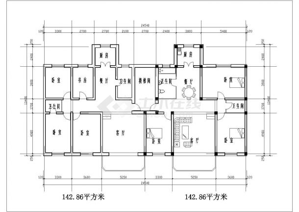 经典一梯两户住宅户型设计cad平面方案图纸-图二