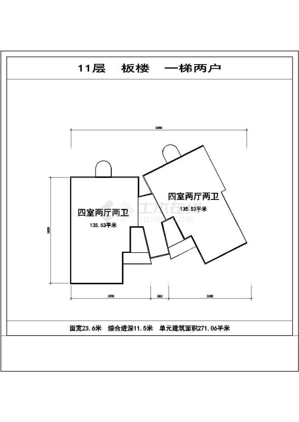 天津锦绣风光小区住宅每户135平标准层对称户型设计CAD图纸（1梯2户）-图一