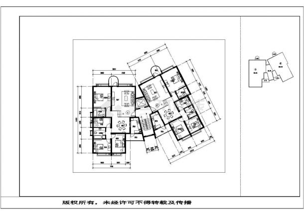 天津锦绣风光小区住宅每户135平标准层对称户型设计CAD图纸（1梯2户）-图二