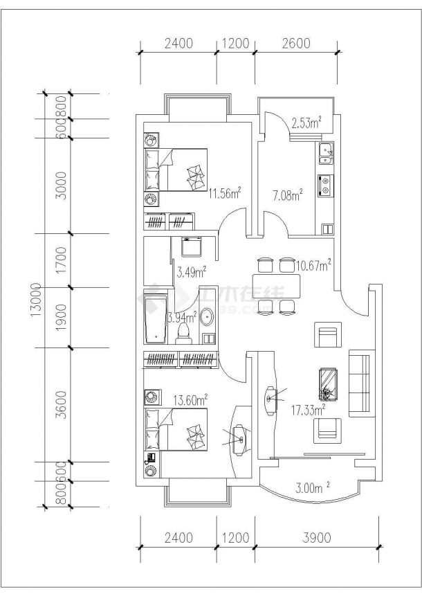 西宁市某新建小区88-128平米左右的平面户型设计CAD图纸（18张）-图一