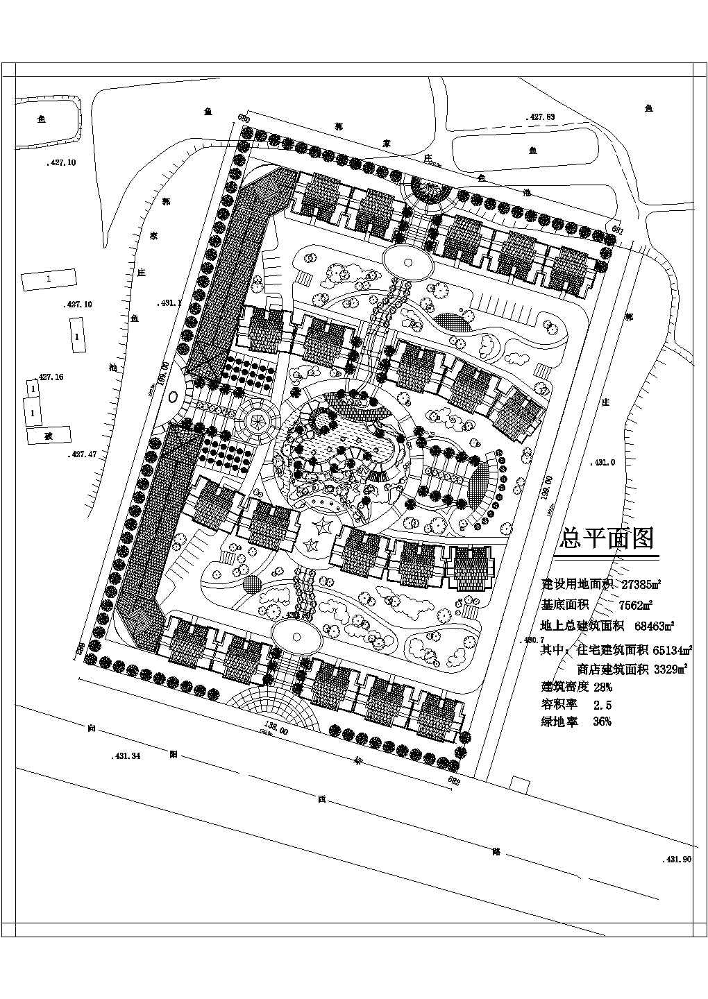 某建设用地27385㎡小区规划设计cad施工总平面图【含经济技术指标，含效果图】