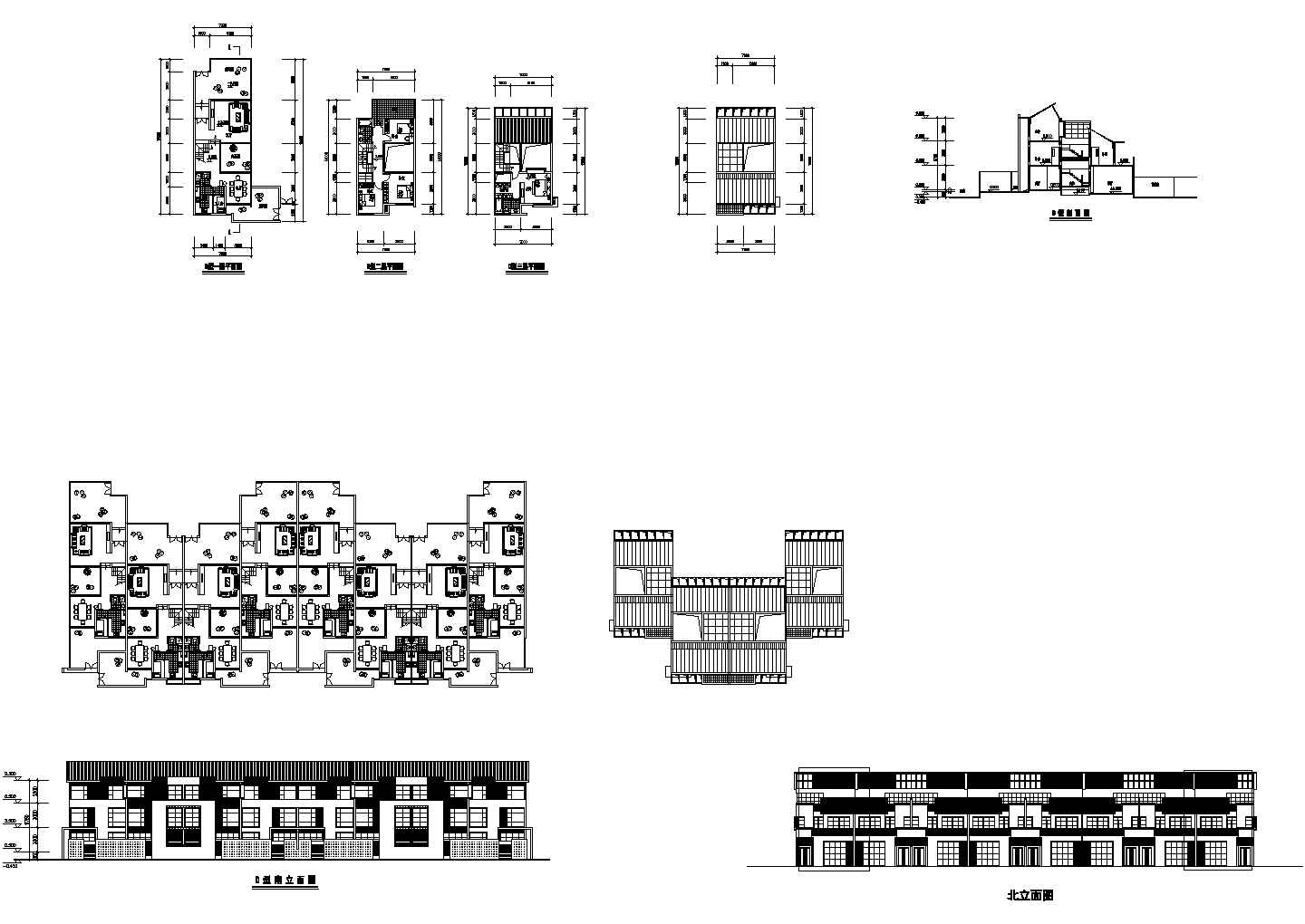 西安市某别墅区3层联排别墅建筑设计CAD图纸（4户联排）