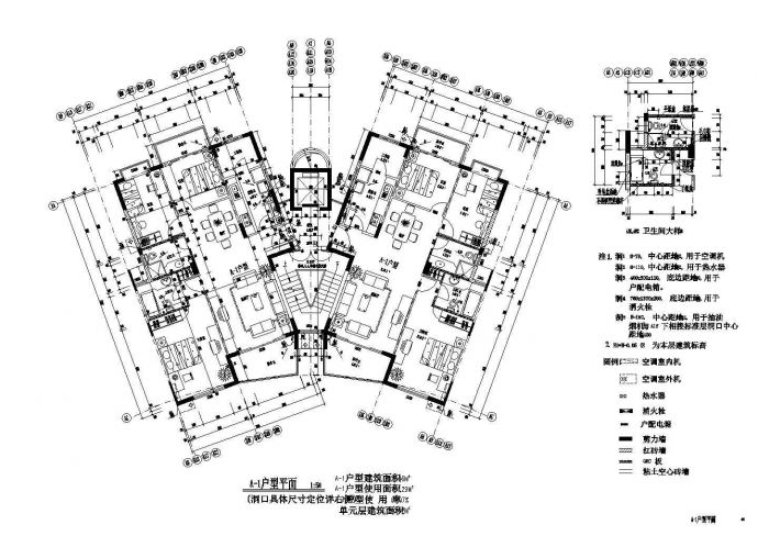杭州都市海岸小区住宅每户120平对称户型设计CAD图纸（1梯2户）_图1