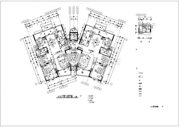 大连嘉华世纪小区住宅每户195平对称户型设计CAD图纸（1梯2户）-图一