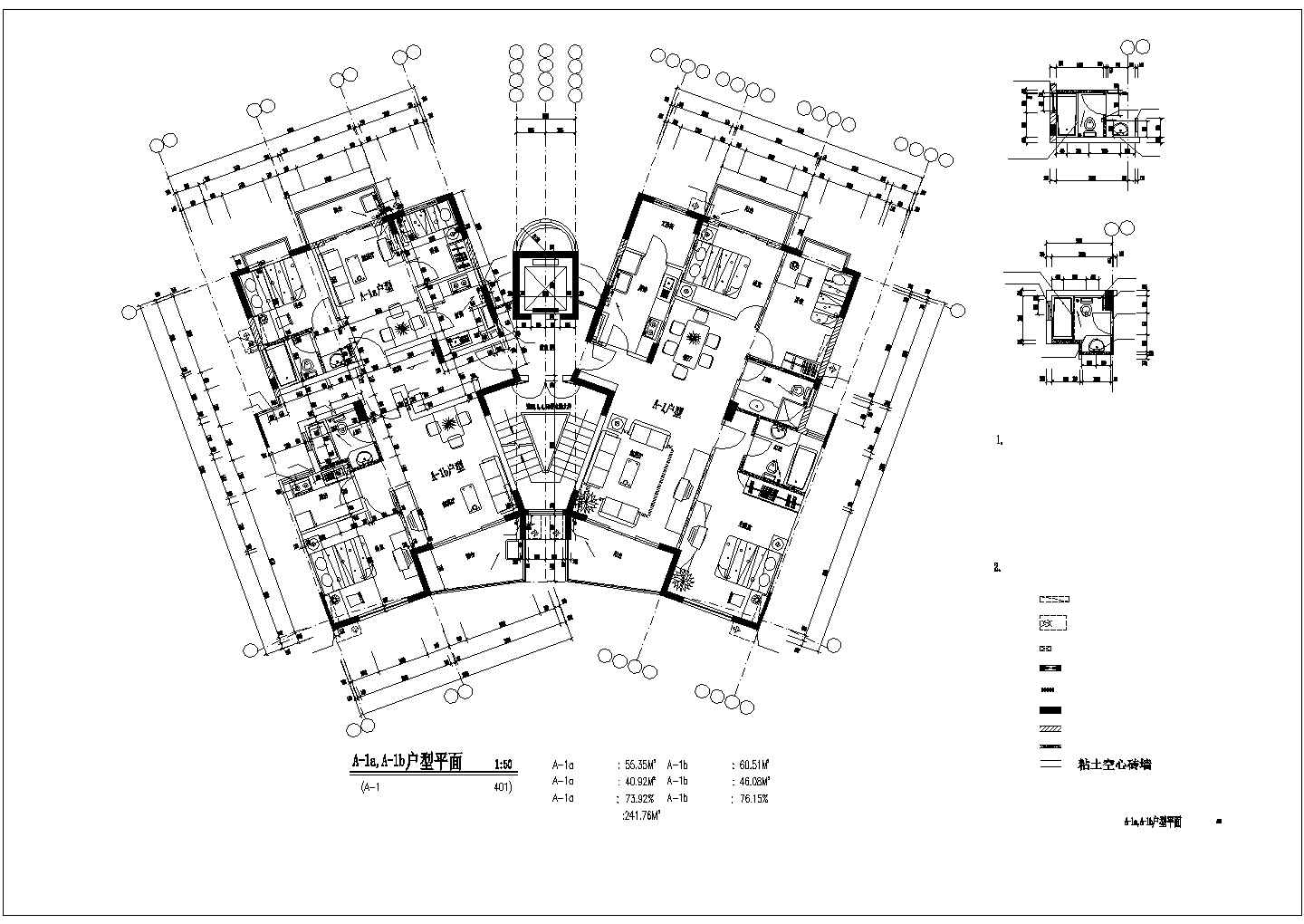温州叠翠花园小区住宅55+60+115平米户型设计CAD图纸（1梯3户）