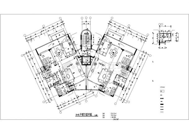 焦作市行宫园小区住宅每户214平对称复式户型设计CAD图纸（1梯2户）-图一