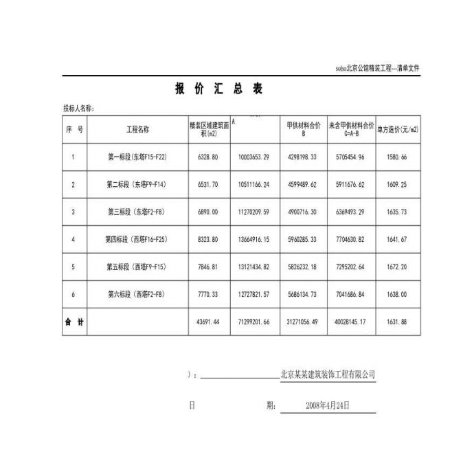 2008年北京某高档公寓精装修清单报价施工组织_图1