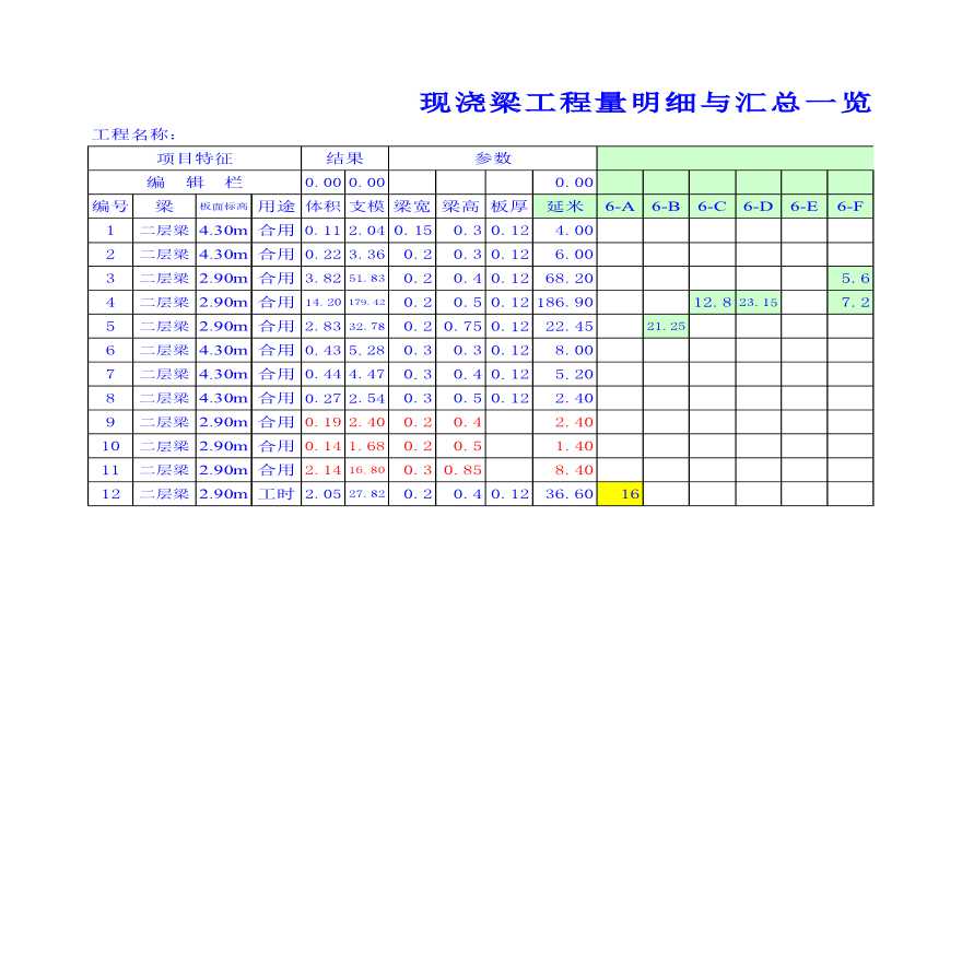 梁.柱.墙.板.工程量计算表（EXCEL）