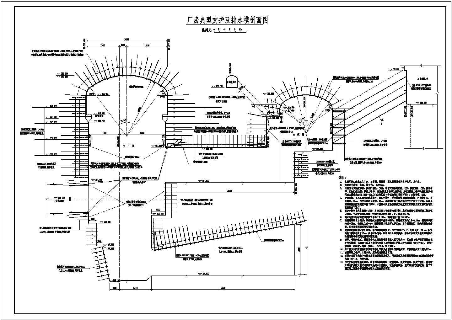 厂房典型支护及排水横剖面图