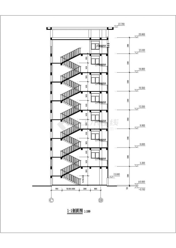 某工厂4800平米7层框架结构宿舍楼平立剖面设计CAD图纸（底层商用）-图二