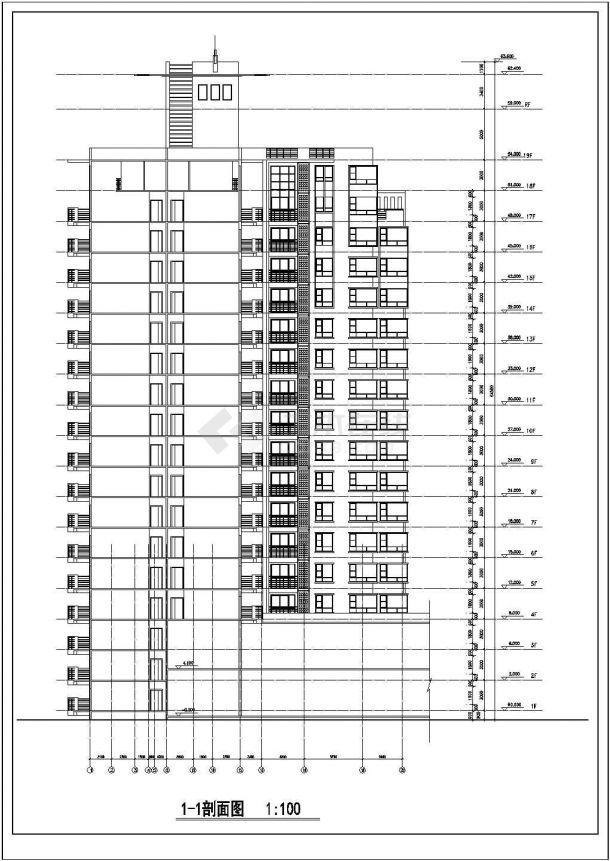 19层框架结构商住楼平立剖面设计CAD图纸（1-3层商用/含水箱层）-图一