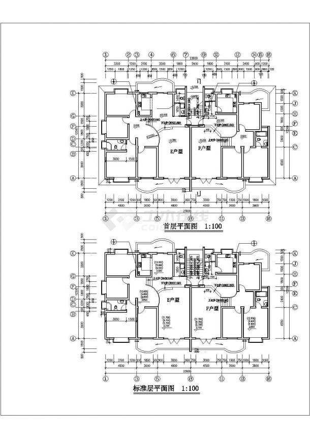 1300平米左右6+1层框架结构住宅楼建筑设计CAD图纸（六层为复式）-图二