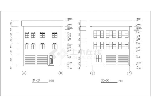 某现代化村镇370平米3层砖混结构乡村民居楼平立剖面设计CAD图纸-图二