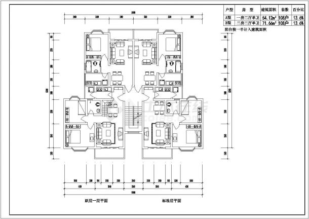 锦州某新建小区54-141平米左右的平面户型设计CAD图纸（共10张）-图一