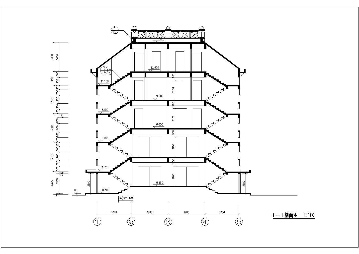苏州市某小区1100平米5层砖混结构双拼住宅楼建筑设计CAD图纸