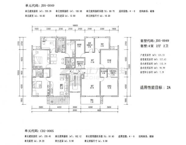 多层（4-7层）平层四室户及以上户型设计图-图一