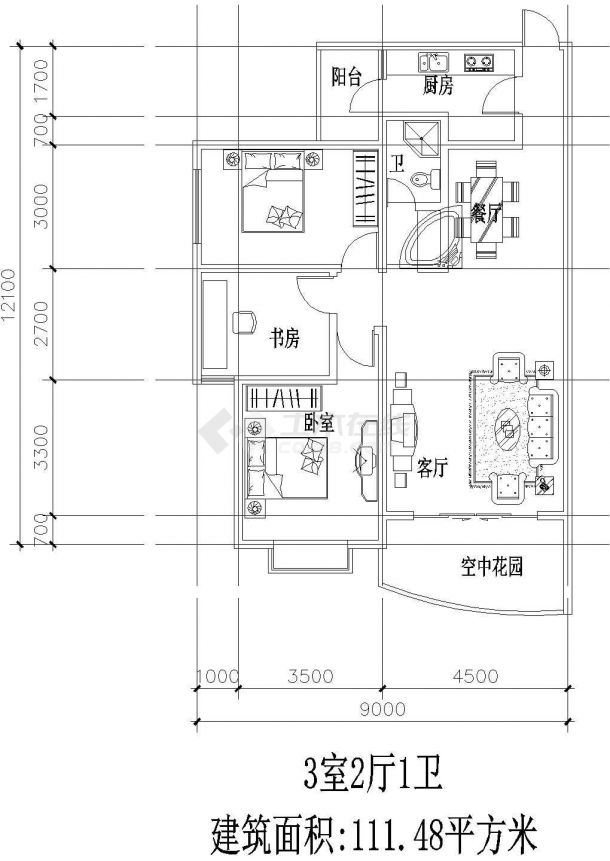 三室两厅一厨一卫111.48平方米设计CAD图纸-图一
