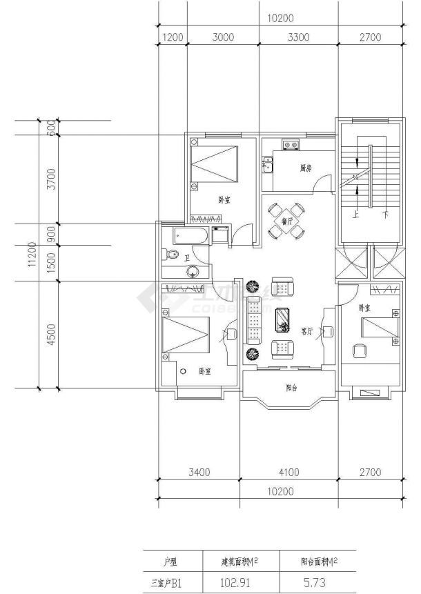 板式高层三室一厅单户户型设计CAD图-图二