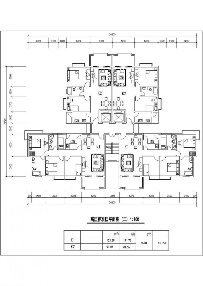 宁波当代城小区91+121平米标准层户型设计CAD图纸（1梯4户）_图1