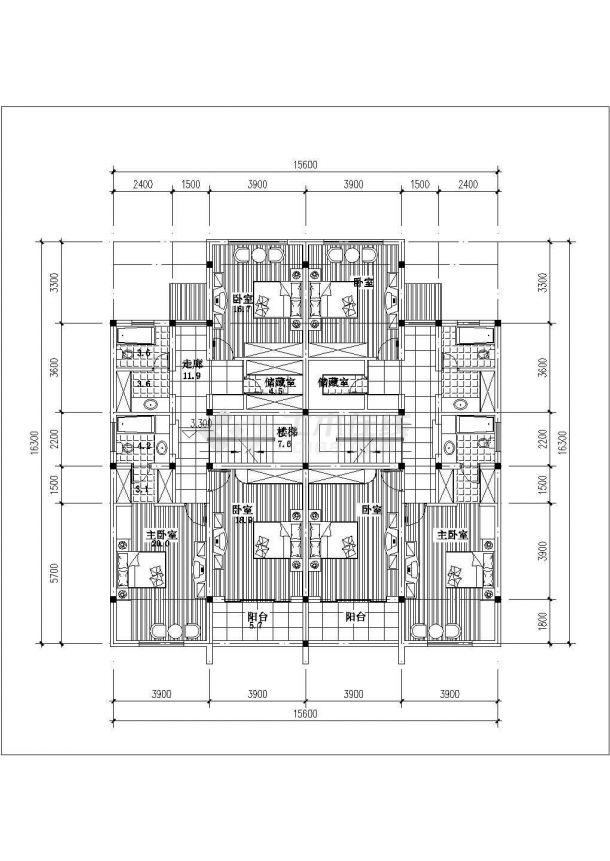 2+1层砖混结构双拼别墅平立剖面设计CAD图纸（每户156平米）-图二
