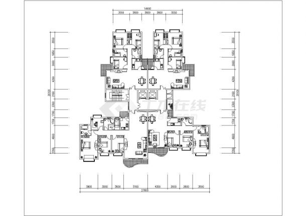 哈尔滨某高档小区住宅654平对称复式户型设计CAD图纸（1梯2户）-图一
