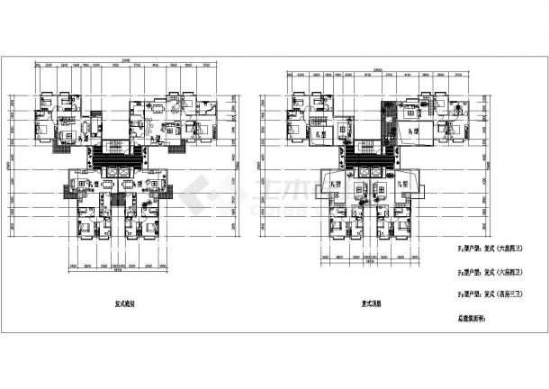 哈尔滨某高档小区住宅654平对称复式户型设计CAD图纸（1梯2户）-图二