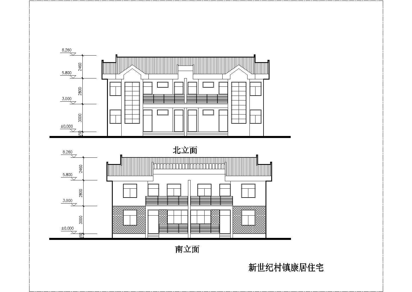2层砖混结构双拼别墅平立剖面设计CAD图纸（每户占地80平米）