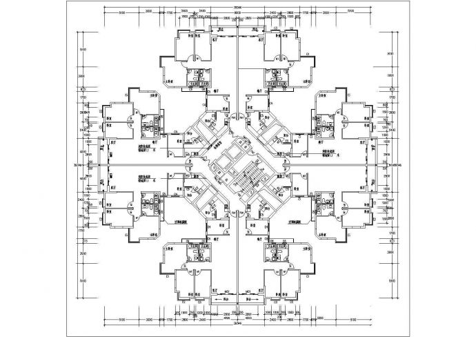 南京丰辉家园小区住宅楼标准层对称户型设计CAD图纸（1梯8户）_图1