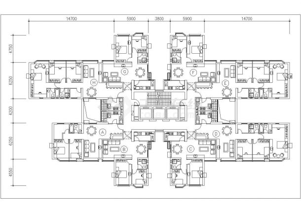 湖州市鸿安新居小区住宅楼标准层对称户型设计CAD图纸（1梯8户）-图一