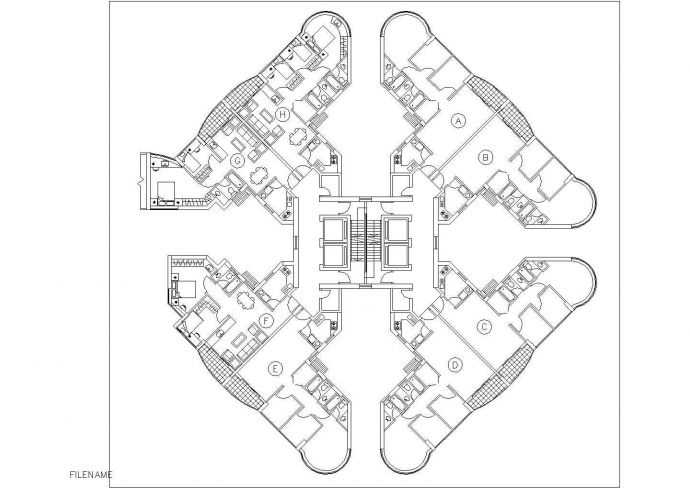 深圳花样世家小区住宅楼标准层户型设计CAD图纸（2梯8户）_图1