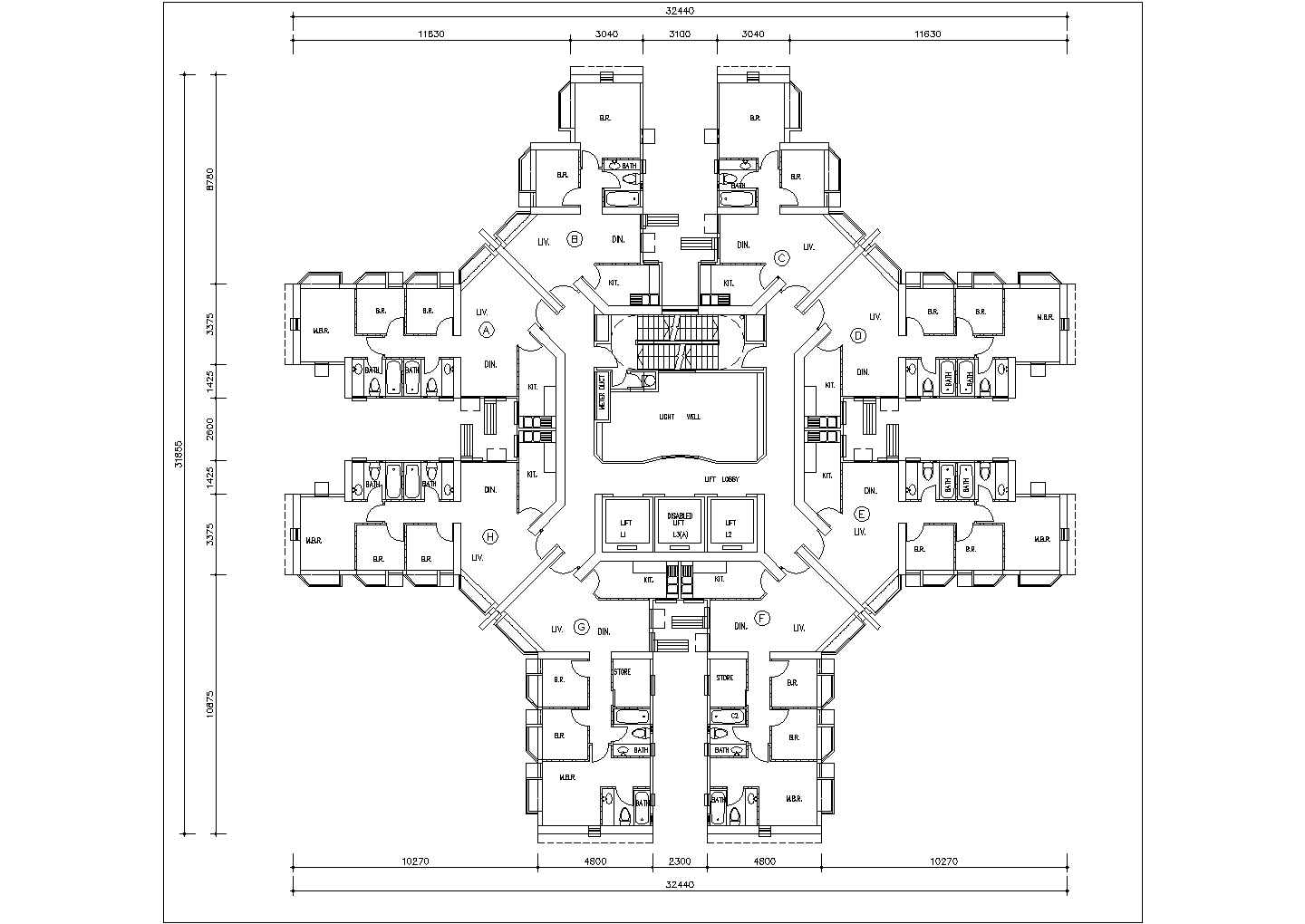 南昌市某拆迁安置小区回字型住宅楼户型设计CAD图纸（1梯8户）