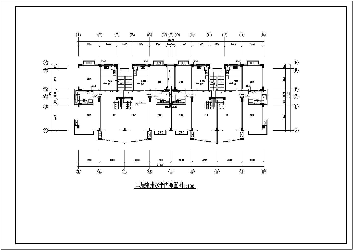 某1车库+5+1阁楼层(1梯2户2单元)住宅楼给排水设计cad全套施工图