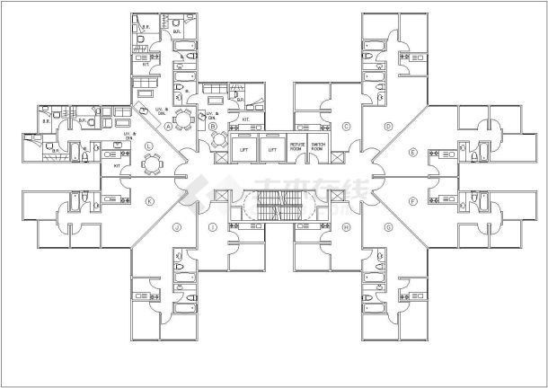 黑龙江鹤岗市某沿街井字形住宅楼平面户型设计CAD图纸（1梯12户）-图一