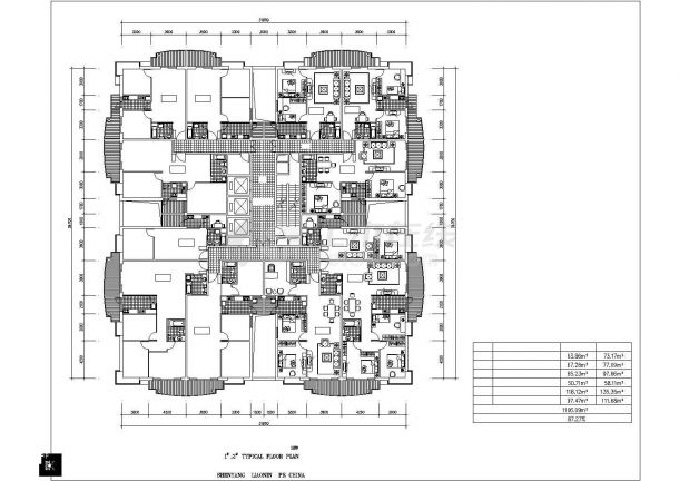 承德市某小区回形住宅楼1100平米标准层户型设计CAD图纸（1梯12户）-图一