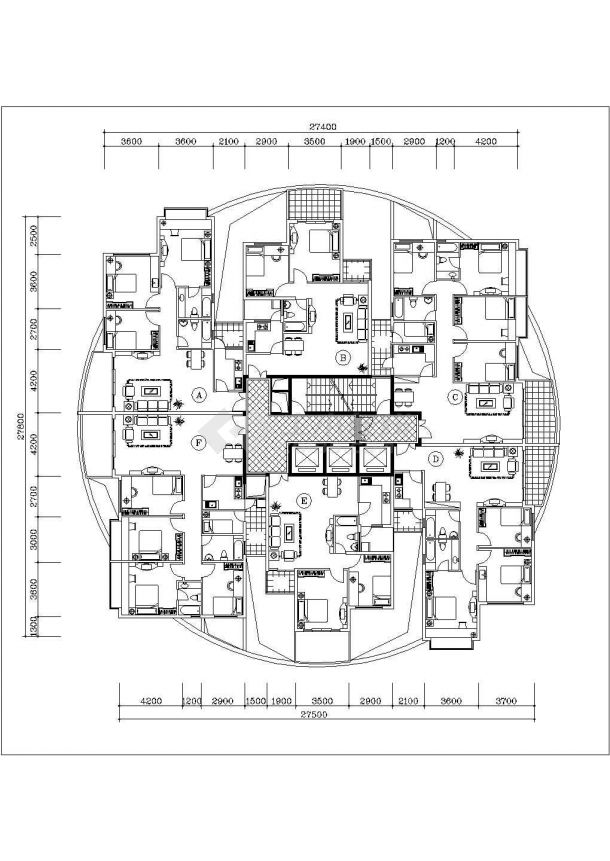 泰安某小区住宅87-137平每户不同面积平面户型设计CAD图纸（1梯6户）-图一