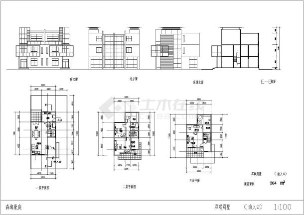 三层联排别墅户型设计CAD图纸-图二