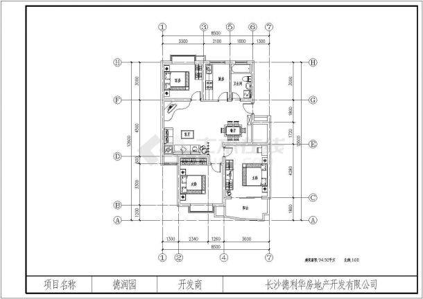 江门市某高层住宅95平米户型设计CAD图纸（三房双厅一卫）-图一