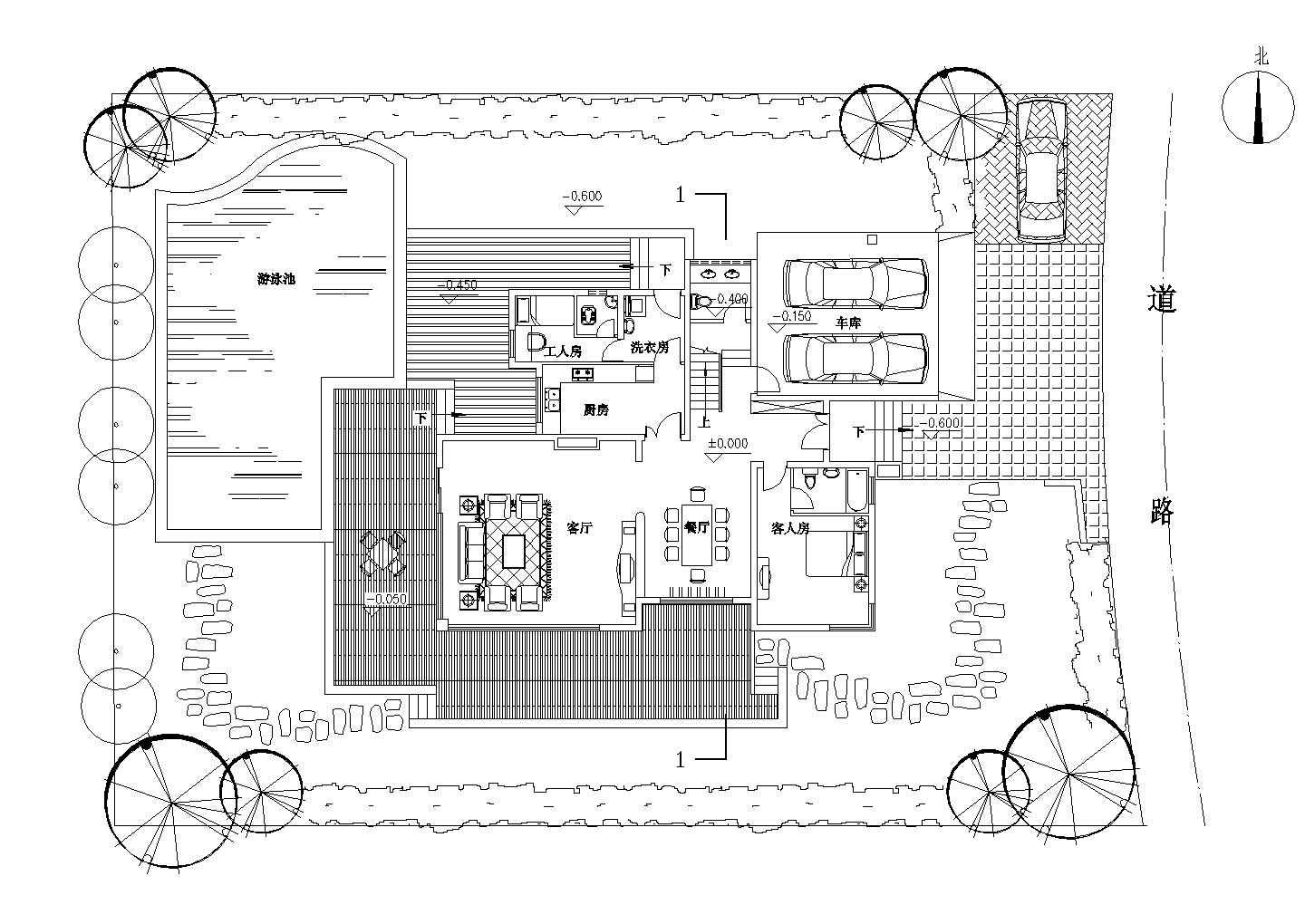 哈尔滨某度假村单层私人民宿住宅平面设计CAD图纸（含游泳池）