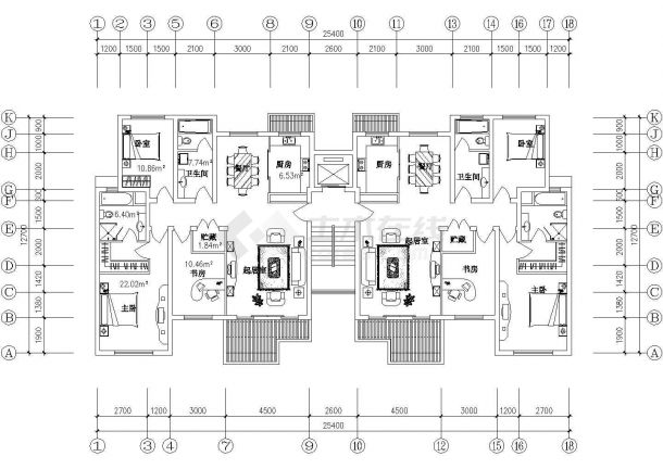 昆明市某高层住宅楼1梯2户标准层平面设计CAD图纸（每户三室两厅）-图一