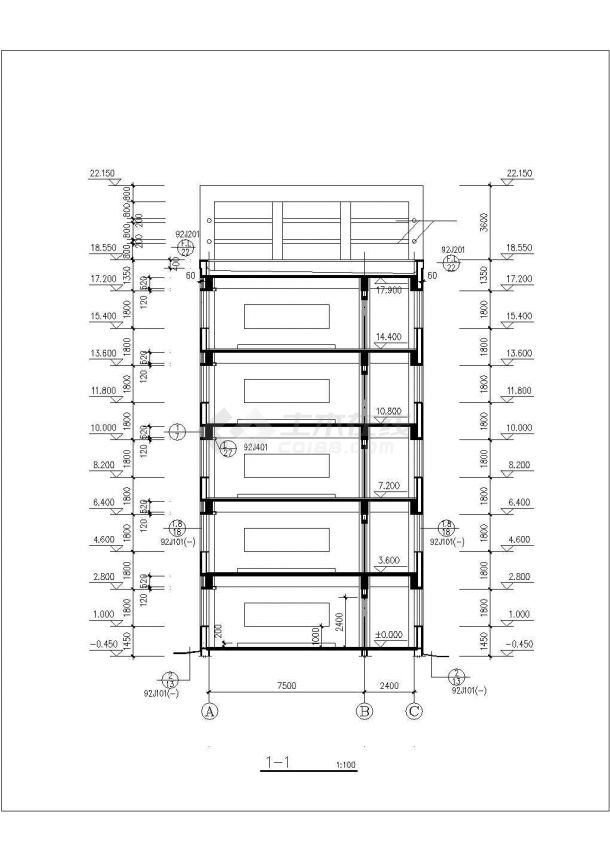 衡阳市某中学2200平米五层框架结构教学楼建筑设计CAD图纸-图一