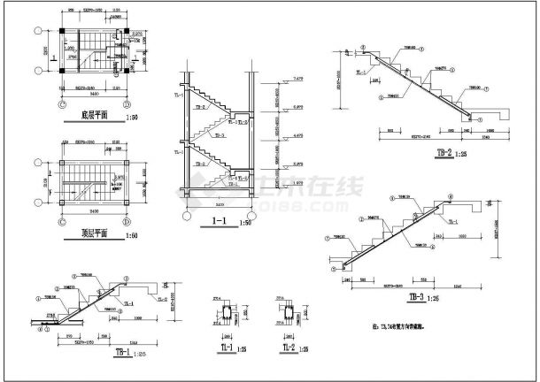长22.8米宽11米 3+1阁楼层框架住宅楼结构施工CAD图-图一