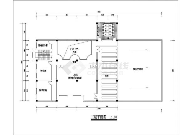 上海某实验中学2900平米4层框架结构图书阅览馆平立剖面设计CAD图-图二