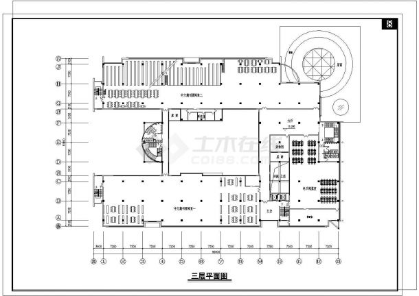 四川农大三层图书馆建筑施工设计cad图纸，共6张-图一