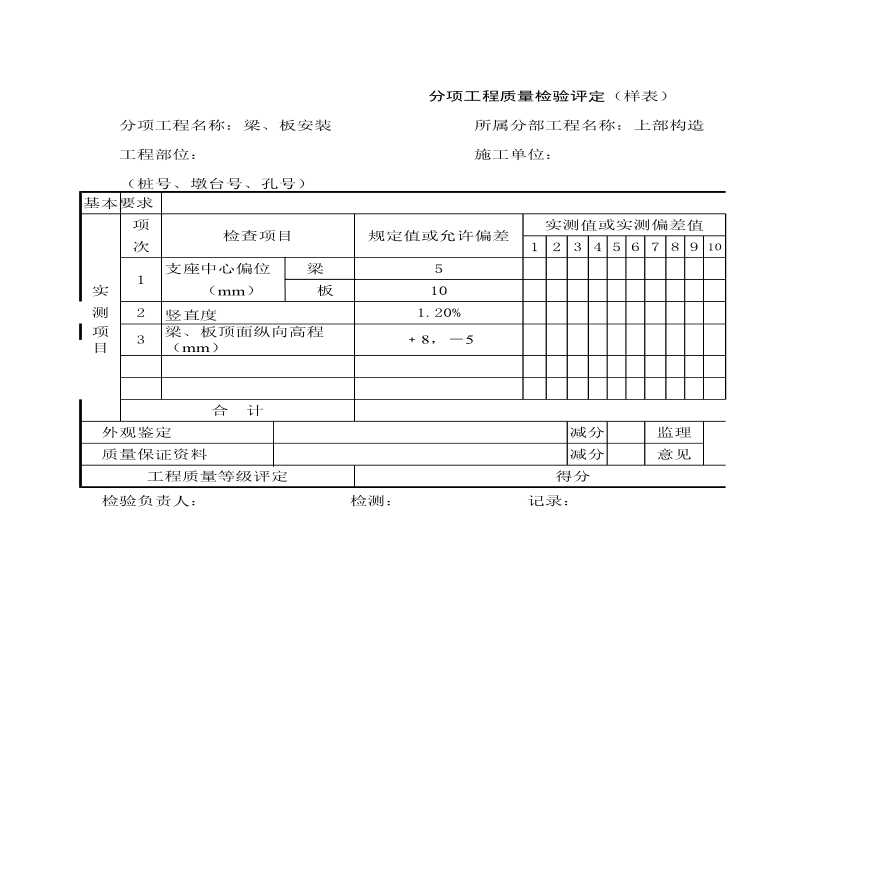 分项工程质量检验评定（样表）梁、板安装-图一