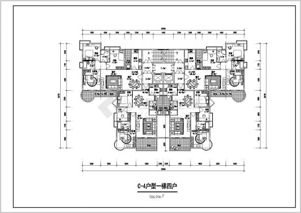 一梯四户住宅建筑cad平面图-图二